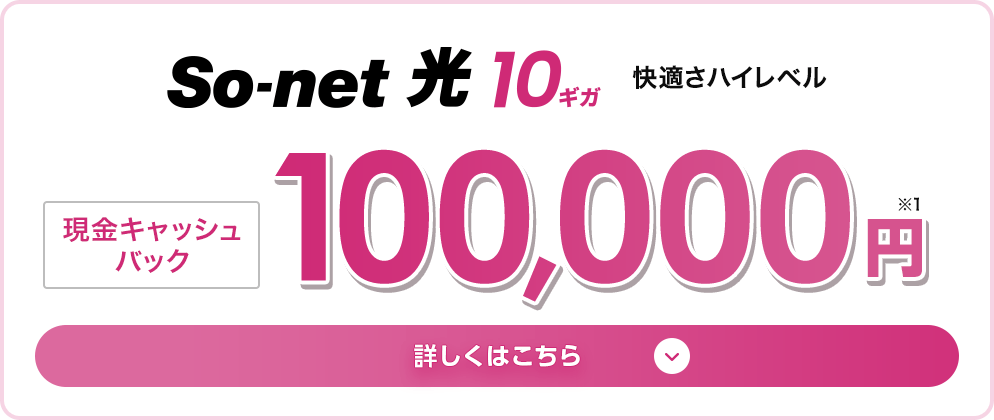 So-netの光回線 ソネット 光 10ギガ 快適さハイレベル、現金キャッシュバック100,000円※1