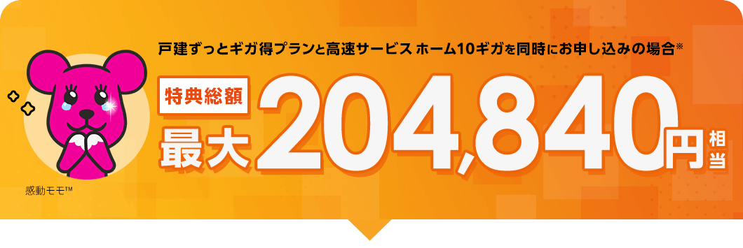 戸建ずっとギガ得プランと高速サービス ホーム10ギガを同時にお申し込みの場合　特典総額最大204,840円相当