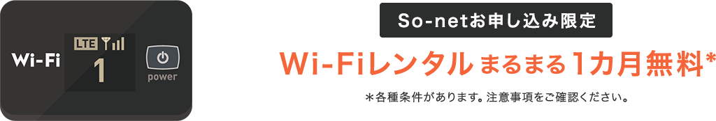 So-netお申し込み限定 Wi-Fiレンタル まるまる1カ月無料* *各種条件があります。注意事項をご確認ください。