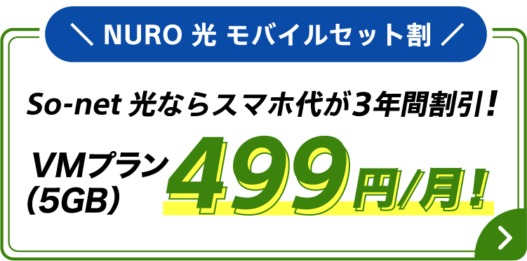 NURO 光 モバイルセット割 So-net 光ならスマホ大が3年間割引！ VMプラン（5GB） 499円/月