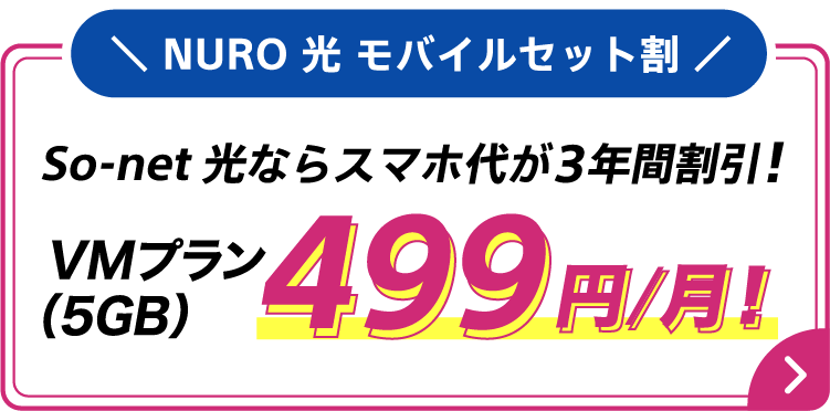NURO 光 モバイルセット割 So-net 光ならスマホ大が3年間割引！ VMプラン（5GB） 499円/月