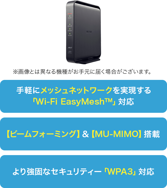 手軽にメッシュネットワークを実現する「Wi-Fi EasyMesh™」対応 【ビームフォーミング】＆【MU-MIMO】搭載 より強固なセキュリティー「WPA3」対応 ※画像とは異なる機種がお手元に届く場合がございます。