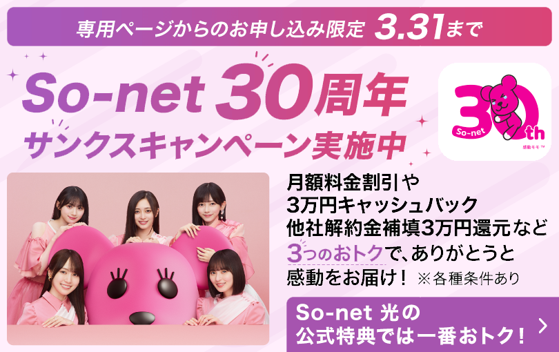 3つのおトクで、ありがとうと感動をお届け！So-net 30周年サンクスキャンペーン実施中