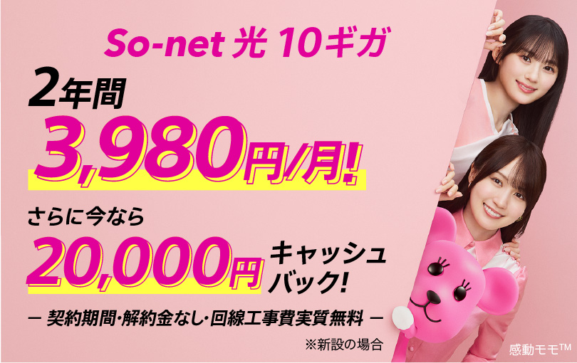 ソネット 光 10ギガ2年間3,980円/月 さらに今なら20,000円キャッシュバック 契約期間・解約金なし・回線工事費実質無料 ※新設の場合