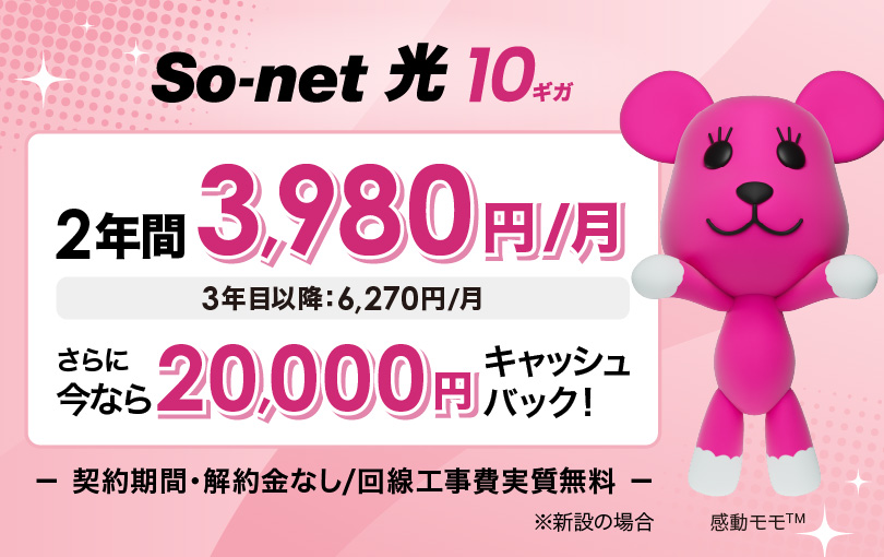 ソネット 光 10ギガ2年間3,980円/月（3年目以降6,270円/月）さらに今なら20,000円キャッシュバック 契約期間・解約金なし/回線工事費実質無料 ※新設の場合