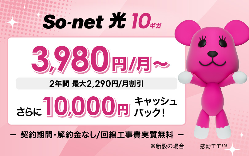 ソネット 光 10ギガ 3,980円/月～ 2年間 最大2,290円/月割引 さらに​10,000円キャッシュバック 契約期間・解約金なし/回線工事費実質無料 ※新設の​場合