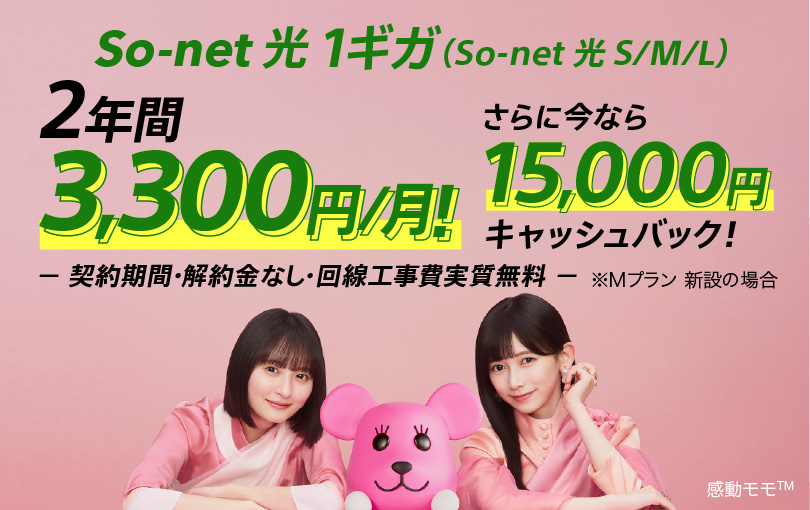 ソネット 光 1ギガ（ソネット 光S/M/L）2年間3,300円/月 さらに今なら15,000円キャッシュバック 契約期間・解約金なし・回線工事費実質無料 ※Mプラン 新設の場合