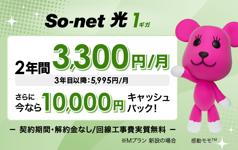 ソネット 光 1ギガ 2年間3,300円/月（3年目以降5,995円/月）さらに今なら10,000円キャッシュバック 契約期間・解約金なし/回線工事費実質無料 ※Mプラン 新設の場合