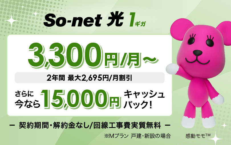 ソネット 光 1ギガ 3,300円/月～ 2年間 最大2,695円/月割引 さらに今なら15,000円キャッシュバック 契約期間・解約金なし/回線工事費実質無料 ※Mプラン 戸建・新設の場合
