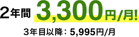 2年間3,300円/月 3年目以降：5,995円/月