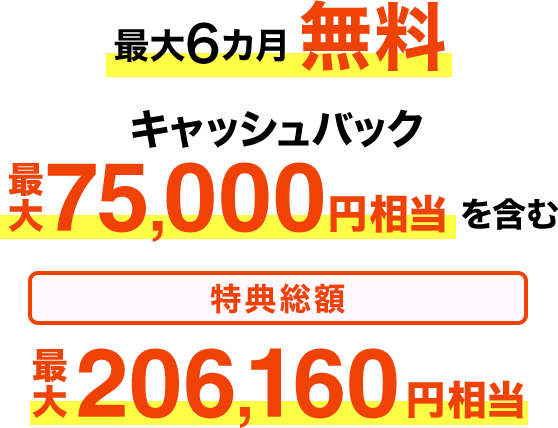 最大6カ月無料 キャッシュバック最大75,000円相当を含む 特典総額最大206,160円相当