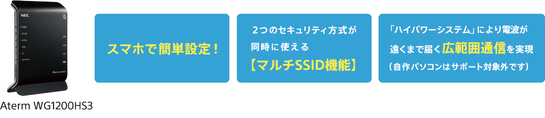 Aterm WG1200HS3 スマホで簡単設定！、2つのセキュリティ方式が同時に使える【マルチSSID機能】、「ハイパワーシステム」により電波が遠くまで届く広範囲通信を実現（自作パソコンはサポート対象外です）