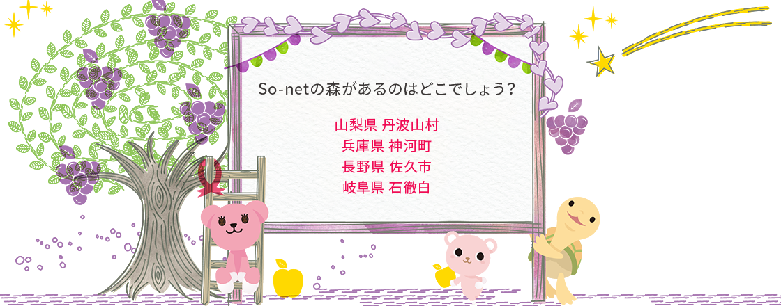 So-netの森があるのはどこでしょう？山梨県 丹波山村、兵庫県 神河町、長野県 佐久市、岐阜県 石徹白