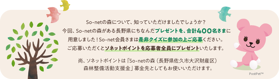 So-netの森について、知っていただけましたでしょうか？今回、So-netの森がある長野県にちなんだプレゼントを、合計400名さまに用意しました！So-net会員さまはぜひクイズに参加の上ご応募ください。ご応募いただくとソネットポイントを応募者全員にプレゼントいたします。尚、ソネットポイントは「So-netの森（長野県佐久市大沢財産区）森林整備活動支援金」募金先としてもお使いいただけます。