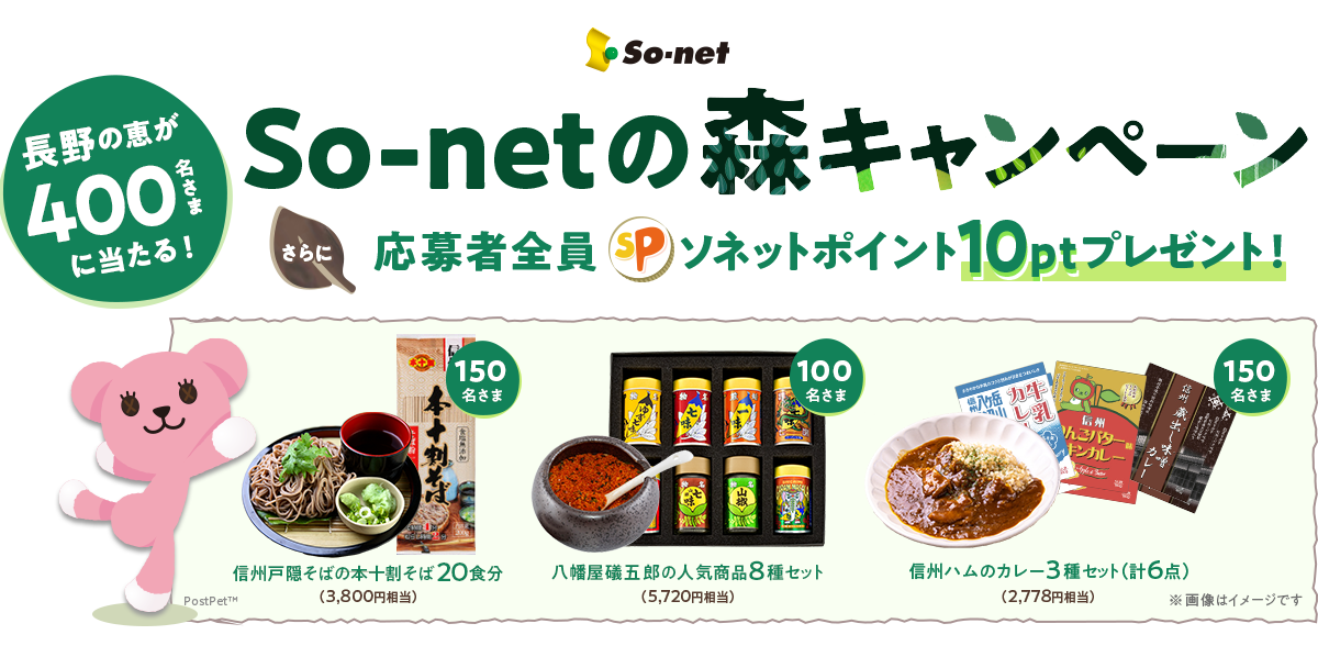 So-net 長野の恵みが400名さまに当たる！So-netの森キャンペーン さらに応募者全員ソネットポイント10ptプレゼント！150名さまに信州戸隠そばの本十割そば20食分（3,800円相当）、100名さまに八幡屋礒五郎の人気商品8種セット（5,720円相当）、150名さまに信州ハムのカレー3種セット（計6点）（2,778円相当）※画像はイメージです