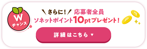 Wチャンス さらに！応募者全員ソネットポイント10ptプレゼント！詳細はこちら