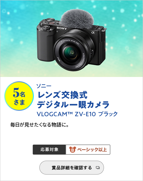 ソニー レンズ交換式デジタル一眼カメラ　VLOGCAM(TM)ZV-E10 ブラック　5名さま　毎日が見せたくなる物語に。応募対象ベーシック以上　賞品詳細を確認する