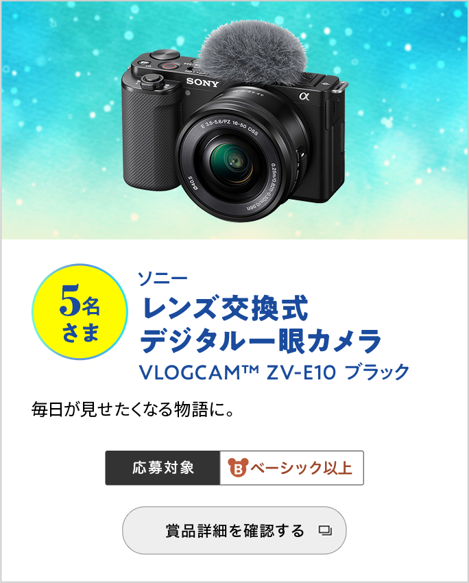 ソニー レンズ交換式デジタル一眼カメラ　VLOGCAM(TM)ZV-E10 ブラック　5名さま　毎日が見せたくなる物語に。応募対象ベーシック以上　賞品詳細を確認する