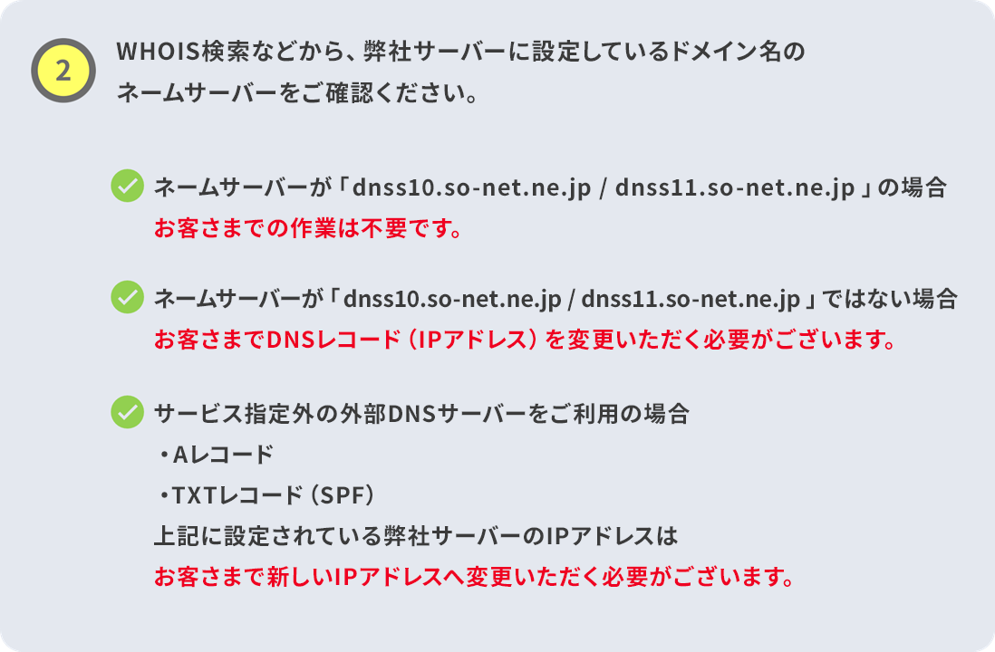 2. WHOIS検索などから、弊社サーバーに設定しているドメイン名のネームサーバーをご確認ください。ネームサーバーが「dnss10.so-net.ne.jp / dnss11.so-net.ne.jp」の場合 お客さまでの作業は不要です。ネームサーバーが「dnss10.so-net.ne.jp / dnss11.so-net.ne.jp」ではない場合 お客さまでDNSレコード（IPアドレス）を変更いただく必要がございます。サービス指定外の外部DNSサーバーをご利用の場合 ・Aレコード・TXTレコード（SPF） 上記に設定されている弊社サーバーのIPアドレスはお客さまで新しいIPアドレスへ変更いただく必要がございます。