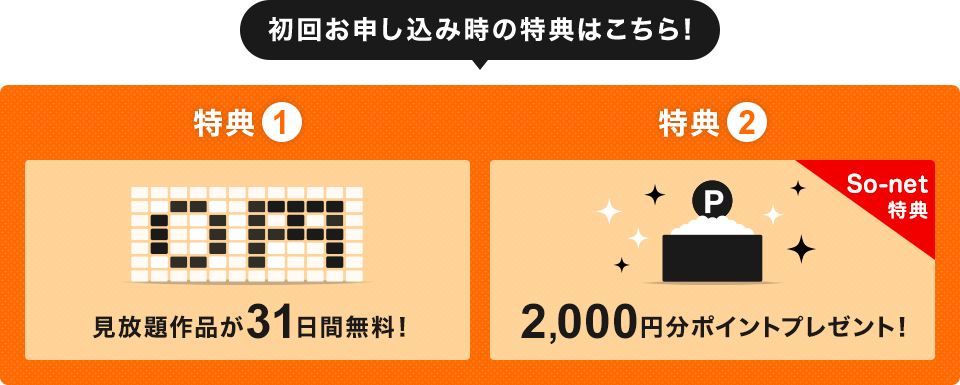 初回お申し込み時の特典はこちら！　特典1　見放題作品が31日間無料！　特典2　2,000円分ポイントプレゼント！