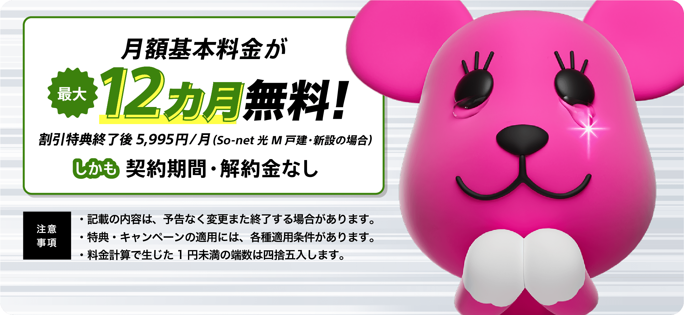 月額基本料金が最大12カ月無料!割引特典終了後5,995円/月(So-net 光 M 戸建・新設の場合)しかも契約期間・解約金なし 注意事項 記載の内容は、予告なく変更または終了する場合があります。特典・キャンペーンの適用には、各種適用条件があります。料金計算で生じた1円未満の端数は四捨五入します。※回線工事費やオプション料金等、お申し込みの内容により別途消費税が発生します。詳細は料金をご確認ください。