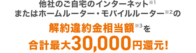 他社のご自宅のインターネット※1またはホームルーター・モバイルルーター※2の解約違約金相当額※3を合計最大30,000円還元!