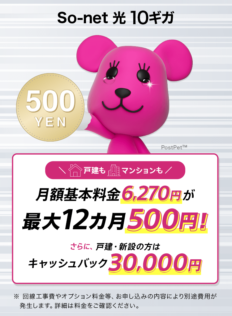 月額基本料金 6,270円が最大12カ月500円 さらに戸建・新設の方はキャッシュバック30,000円! ※回線工事費やオプション料金等、お申し込みの内容により別途消費税が発生します。詳細は料金をご確認ください。