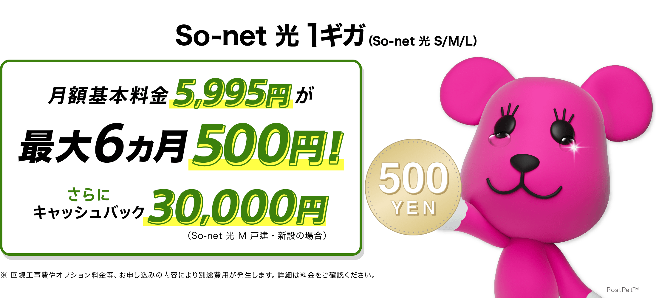 So-net 光 1ギガ(So-net 光 S/M/L)月額基本料金5,995円が 最大6カ月500円 さらにキャッシュバック30,000円! (So-net 光 M 戸建・新設の場合) ※回線工事費やオプション料金等、お申し込みの内容により別途消費税が発生します。詳細は料金をご確認ください。