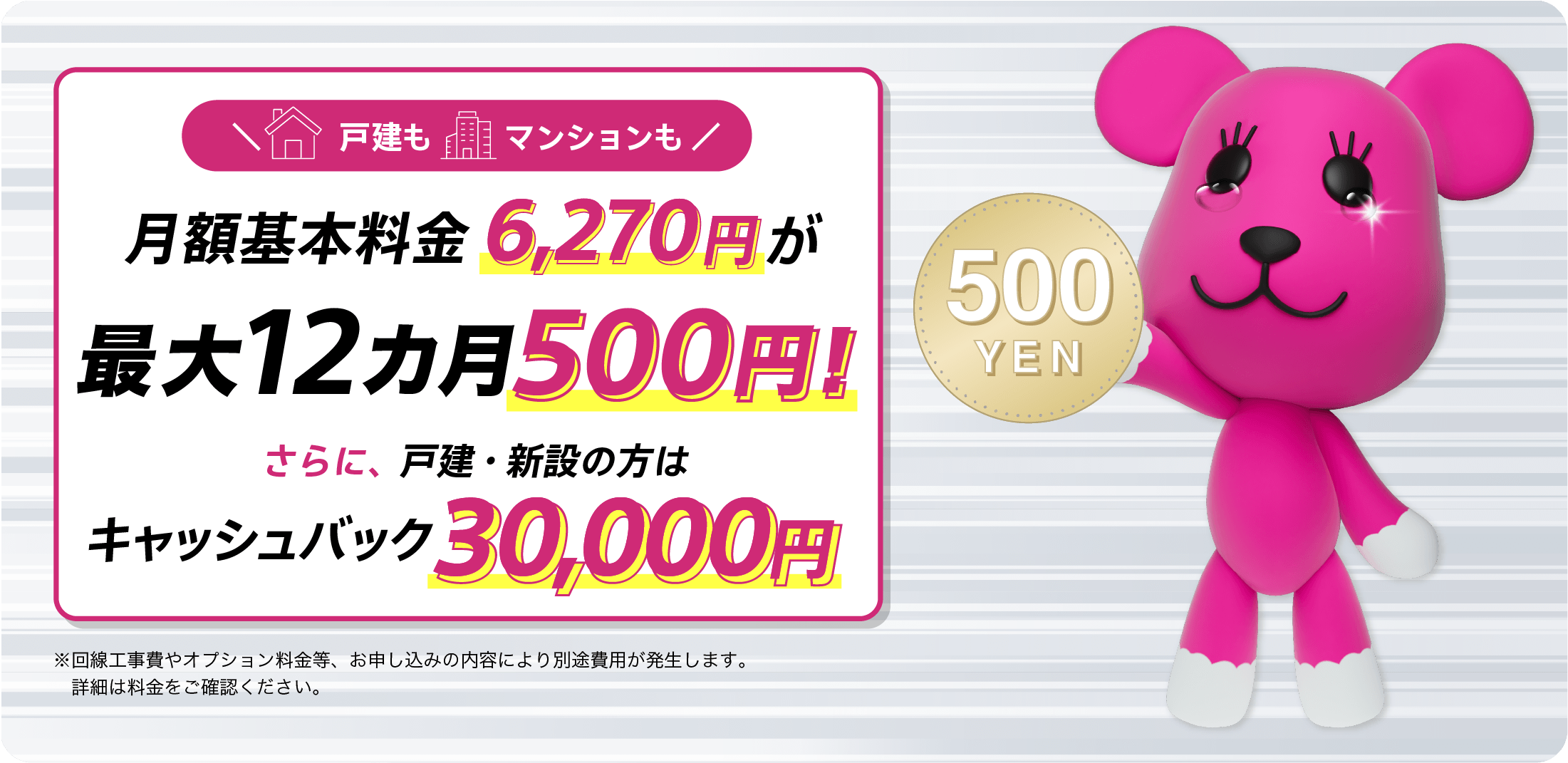 月額基本料金 6,270円が最大12カ月500円 さらに戸建・新設の方はキャッシュバック30,000円!※回線工事費やオプション料金等、お申し込みの内容により別途消費税が発生します。詳細は料金をご確認ください。