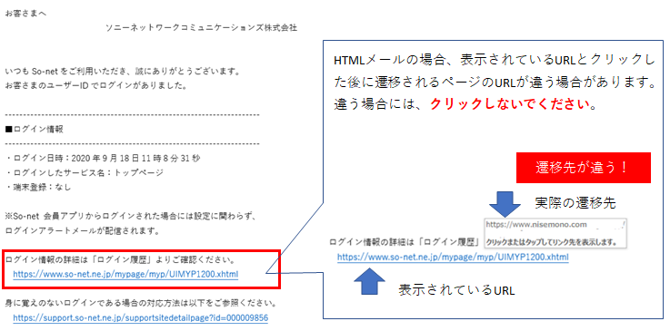 リンク先が正しくないメールの例