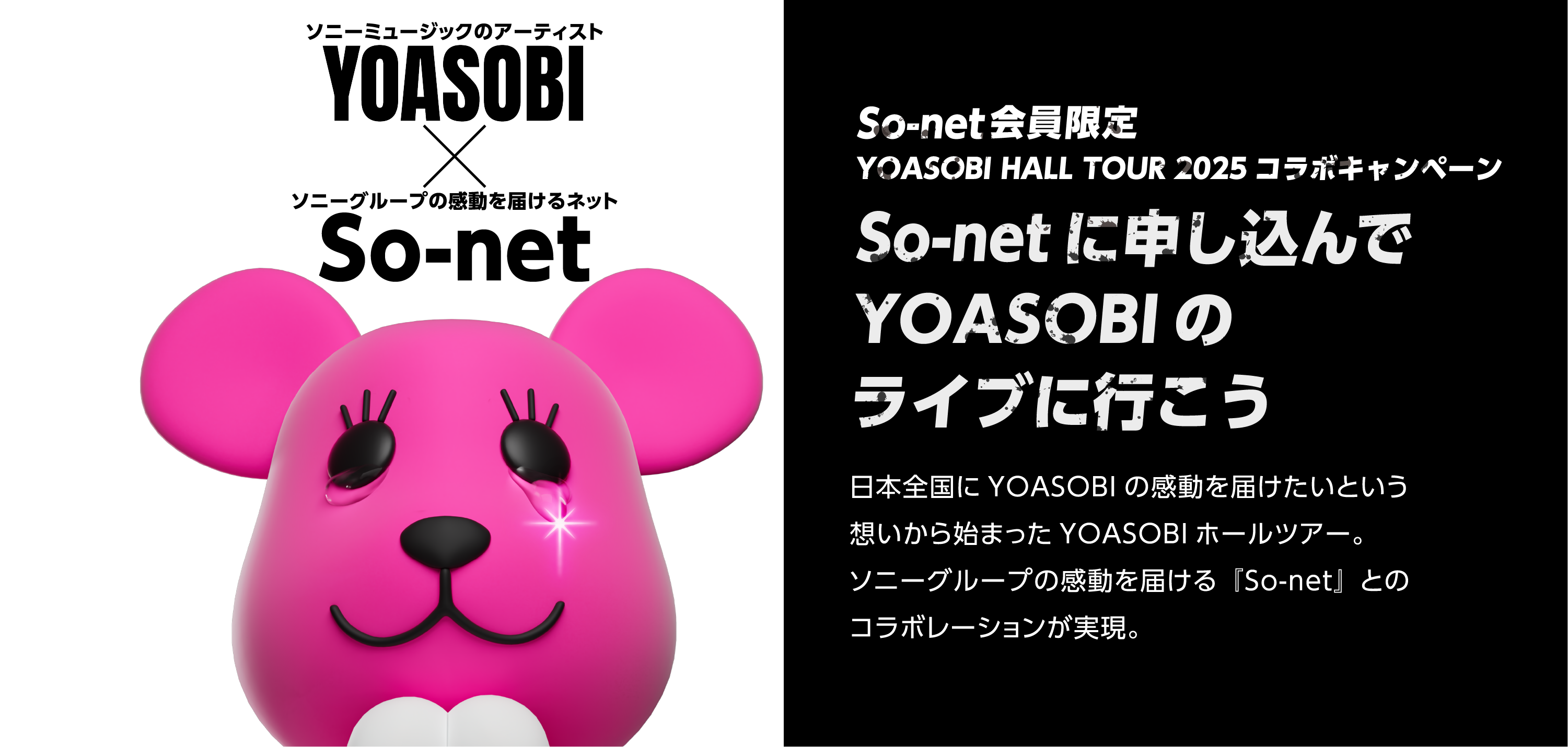 ソニーミュージックのアーティスト YOASOBI × ソニーグループの感動を届けるネット So-net / So-net 会員限定 YOASOBI HALL TOUR 2025 コラボキャンペーン So-netに申し込んでYOASOBIのライブへ行こう 日本全国に YOASOBI の感動を届けたいという想いから始まった YOASOBI ホールツアー。ソニーグループの感動を届ける『So-net』とのコラボレーションが実現。